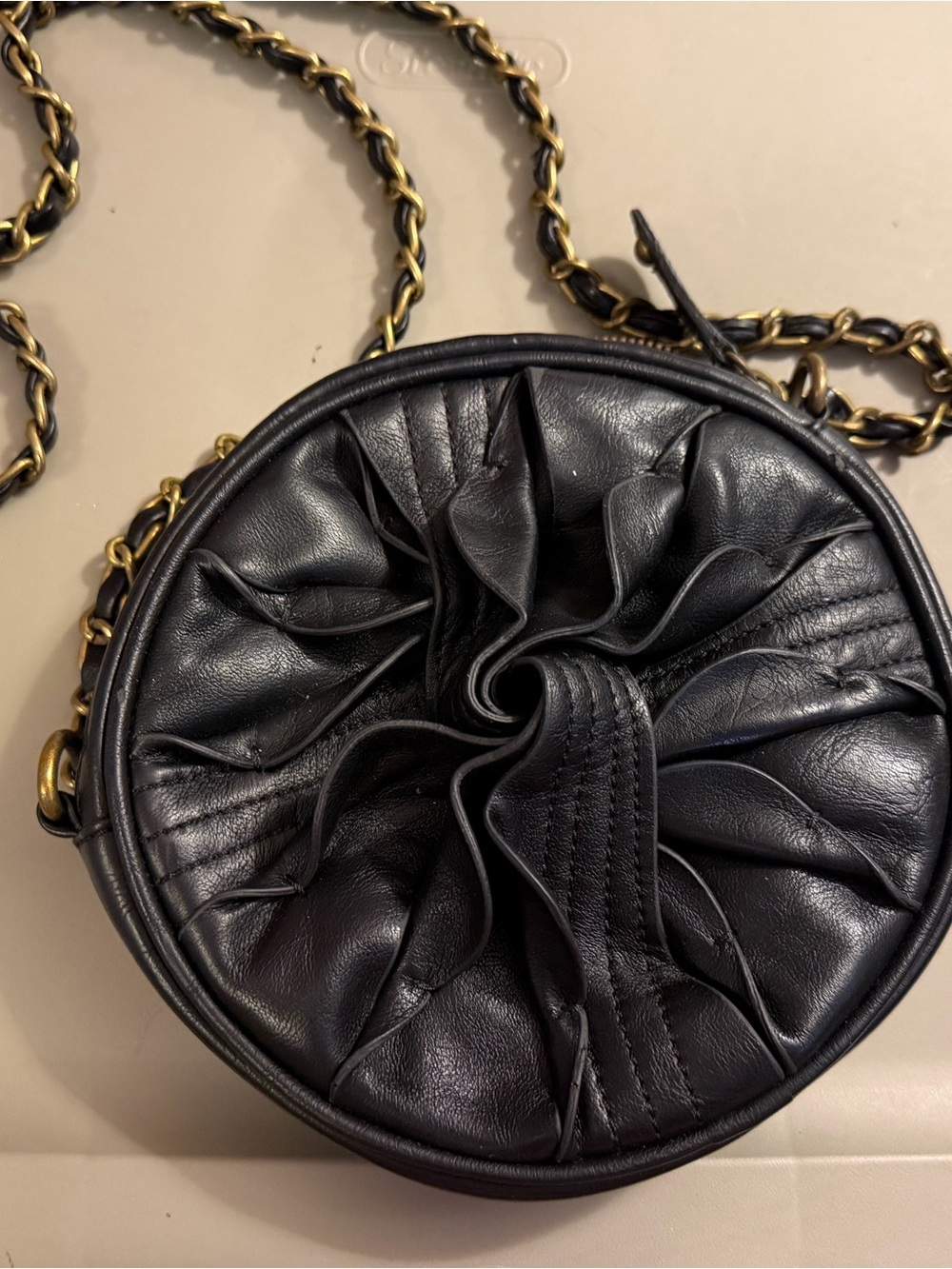 Black Leather Round Crossbody Bag with Chain Strap